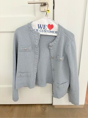 H&M Pale Blue Textured Collarless Cardigan